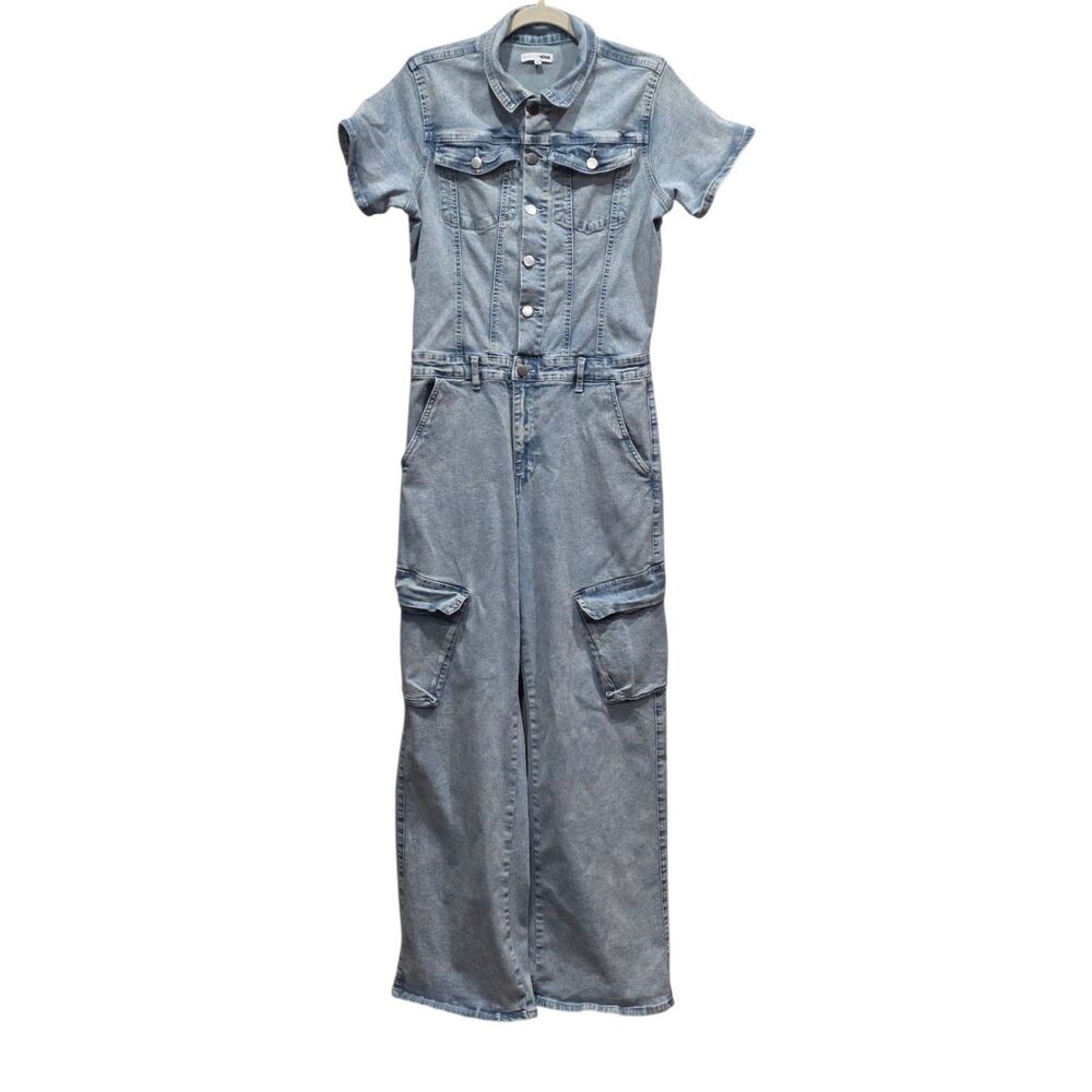 Fashion Nova Denim Cargo Jumpsuit Juniors L 11/13 Wide Leg Acid Wash Y2K